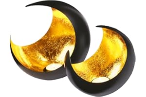 MARRAKESCH Set di 2 lanterne orientali con luna, 20 cm, colore oro, stile orientale, vintage, colore nero dall'esterno e oro interno, lanterne marocchine in metallo come decorazione