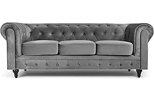 Bravich Velvet Chesterfield Sofa- Grey. 3 Seater Settee, Soft Plush Fabric Couch. Living Room Furniture, Easy Clean. 3 Seater- 205cm x 90cm x 78cm