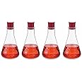 Supertek Transparent Conical Flask with Rubber Stopper (Cork) 250 ml each | Narrow Neck | Borosilicate Glass 3.3 Multi-purpose Flask for Chemistry Lab Experiments | Filtration Heating | Pack of 4