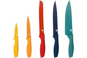 MasterChef Coltelli da Cucina, con Collezione per Pane, Carne e Verdure, Acciaio Inox, Prova di Calore, Manici e Lame Colorati, Lavabile in Lavastoviglie, 5 Pezzi