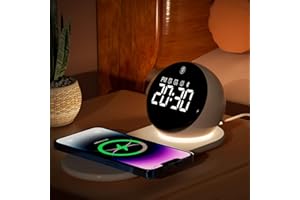 AUYLE Alarm Clock with Wireless Charging 15W,Dimmable Night Light,Bluetooth Speaker,White Noise, Snooze,Digital Loud Bedside Alarm Clock for Heavy Sleepers Adults,Girls Boys Gifts Ideas