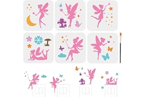 MAYJOYDIY 6pcs Fairy Stencils Little Fairy Drawing Painting Stencils Dreamy Mushroom Butterfly Moon Star Flower Template 15×15cm with Paint Brush Wall Art DIY Home Decor