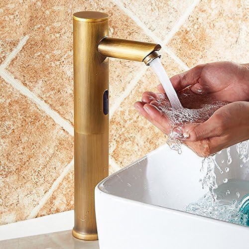 Retro Automatic Sensor Faucet Infrared Electronic Wash Basin Mixer Cold Water Tap High Bathroom Hand Basin Mixer Tap Battery Operated High Spout Brass Antique Bronze Brushed