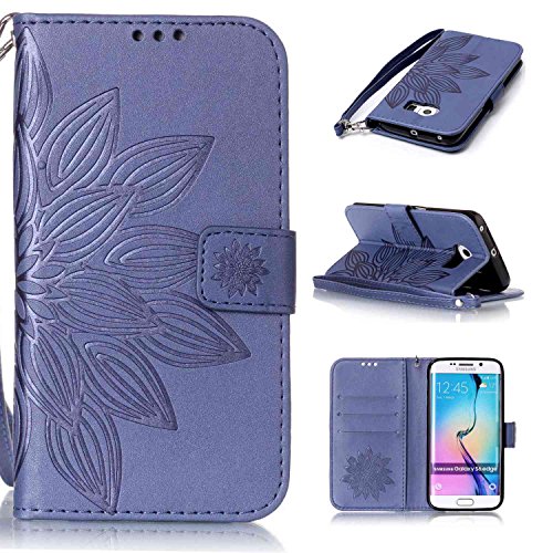 TOYYM Tasche Hülle für Samsung Galaxy S6 Edge,Flip Schutzhülle Zubehör PU Leder Handytasche 3D Navy blau Blume Muster Design im Bookstyle mit Ständerfunktion[Stand Feature] Kartenfächer für Samsung Galaxy S6 Edge Leder Cover - 2