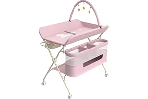 HUOLE Table à Langer avec roulettes, avec Panier de Rangement à Côté Structure en Fer Charge Max 25KG pour Nouveaux-Nés Design Ergonomique, Rangement,pour Nouveau-né,75 * 68 * 83-91cm (B) Rose