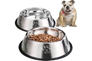 YUDANSI 2PC Paw Prints Stainless Steel Dog Bowls, 960ml Dog Feeding Bowls, Cat Plate Bowls with Rubber Bases, Small, Medium and Large Pet Feeder Bowls and Water Bowls