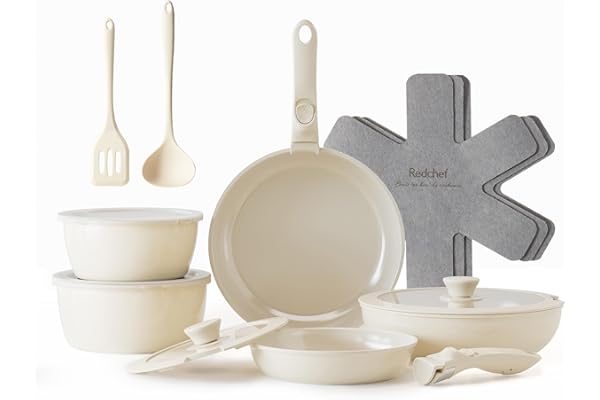 Redchef batterie de cuisine céramique 16 pièces, poêle et casserole antiadhésives, poignée amovible, induction, sans PFAS, lave-vaisselle (Beige)