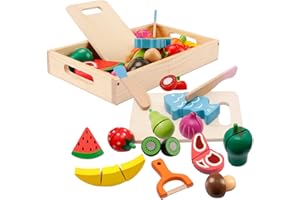 Dilpeak Spielküche Zubehör Holz, Kinderküchen Lebensmittel, Obst Gemüse und Fleisch zum Schneiden Lernspielzeug für 3+ Jährige Jungen und Mädchen