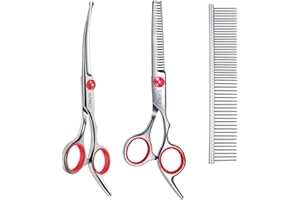 Elfirly Hundepflege-Scheren-Set mit runder Sicherheitsspitze (2er-Pack - Gebogene Scheren-Ausdünnungsschere für die Pflege) Tierpflege-Schere mit Pflegekamm für Hunde und Katzen