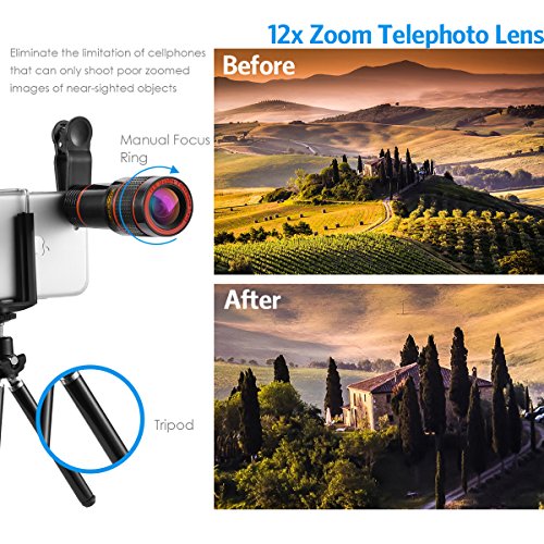 Criacr Lenti Smartphone 4 in 1,198 Lente Fisheye + 0,63x Lenti Grandangolo + 12x Obiettivo Teleobiettivo Zoom + 15x Obiettivo Macro con Supporto per iPhone, Samsung Galaxy, ecc
