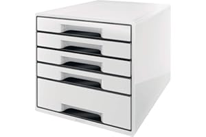Leitz Buc de 5 Cajones A4 con Rotulador y Bandeja Transparente, Organizador, Gama WOW, Blanco/Negro