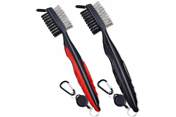 QeeHeng Lot de 2 brosses de Nettoyage pour Club de Golf pour Homme, avec Mousqueton rétractable en Aluminium et Prise en Main Confortable (Noir + Rouge)