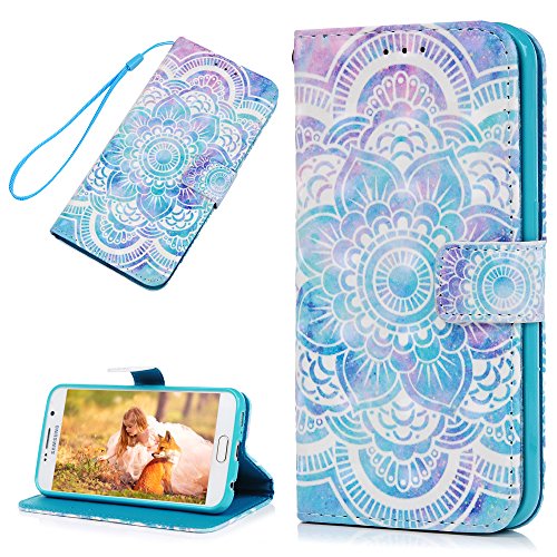 Lanveni Samsung Galaxy S6 Hülle, Handyhülle Samsung S6 Flip Case Cover PU Lederhülle Schutzhülle Magnetverschluss Ledertasche mit Stander Function Brieftasche Card Slot Handy Tasche mit Totem-Blume Cover Design + 1 x Stylus Stift + 1 x Staubdichte Stecker - 2