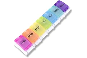 MEDIPILL - Pilulier Semainier Français | UNE PIECE - 7 Jours / 7 Compartiments | Pilulier Hebdomadaire | Boîte à médicaments avec boutons poussoirs | Arc en ciel | MED-S7B-BA-F