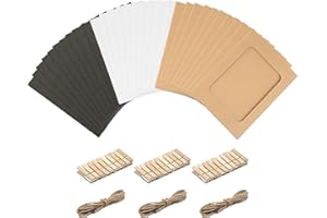 LOCKGO Paper Photo Frames 30 PCS Set, Paper Picture Frame with Mini Wooden Clips and Hemp Ropes, Hanging Album 6x4 Inches Kraft Cardboard Picture Frames Mat for Home Room Dorm Office Wall DIY Decor, 3 Colors