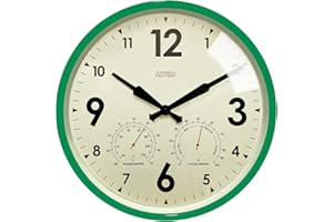 Cloudnola Horloge Murale en métal étanche avec thermomètre et hygromètre, Vert, 30,5 cm, silencieuse, sans tic-tac, Fonctionne à Piles, Horloge Ronde à Quartz pour terrasse et décoration d'intérieur