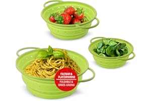 Coolinato Sieb aus Silikon, faltbar spülmaschinenfest, Nudelsieb Abtropfsieb Küchensieb, 3er Set (16, 20 und 24cm) Grün