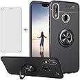 Phone Case for Huawei P20 Lite with Tempered Glass Screen Protector Cover Magnetic Stand Ring Holder Cell Accessories Shockproof Full Body Silicone Huwai P20lite P 20 Hawaii Hwauei Nova 3E Black