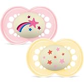 MAM Original Baby Pacifier +16 Months, Bright Pink, Night, 2 pcs | Glow in the Dark with Symmetrical, Flat and Flexible Skin