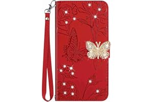 Reevermap Honor 70 Case Glitter Crystal PU Leather Cover for Honor 70, Protective Flip Wallet Embossed Butterfly & Flower Shiny Magnetic Clasp Bumper with Kickstand, Red