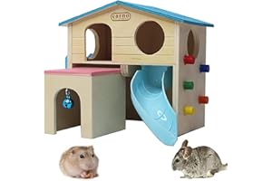 Kathson Hamsterhaus Haustiere Kleintierversteck mit lustiger Kletterleiter Rutsche Holzhütte Kauspielzeug für Kleintiere wie Zwerghamster und Maus (blau)