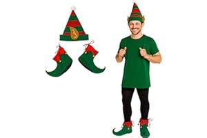 FNA FASHIONS Unisex Adult Elf Hats & Shoe Covers | Christmas Hat and Jingle Bell Shoes | Santa’s Helper Fancy Dress Costume Accessories for Men & Women