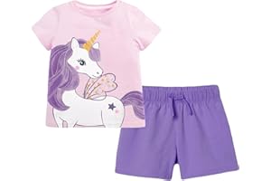 TCWWBB Toddler Girls Summer Short Outfits Clothes Set Kids Unicorn Bunny Animal Print Short Sleeve Cotton T-Shirt Dresses Tops and Shorts 2 Piece Crewneck Sleeveless Clothing Set Age 1-7 Years Old