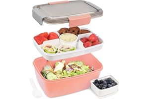 Bugucat Bento Box Pudełko na Lunch 2000 ML, Pojemnik na Sałatkę z 4 Przegródkami, Miska na Sałatkę z Pojemnikiem na Dressing, Pojemniki na Żywność,Owoce,WbudowanaŁyżka Wielokrotnego