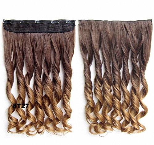 FESHFEN 24" Long Curly Ombre Two Tone Synthetic Hair Extensions Clip in on Hairpieces 5 Clips One Piece 3/4 Full Head Cosplay Party-for Women 8T27 Medium Ash Brown to Strawberry Blond