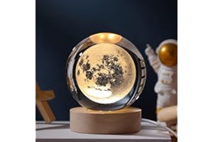 AIDNTBEO Bola de cristal tallada en 3D, bola de cristal, decoración del solar, planetas, luz galáctica, base de madera, 6 cm (luna)
