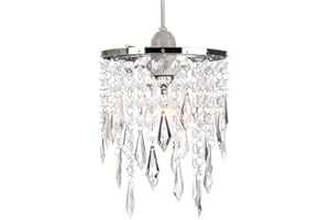 Modern Waterfall Design Easy Fit Pendant Shade with Clear Acrylic Droplets and Beads - Chrome Metal Rings - 16cm Diameter by Happy Homewares