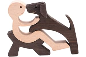COYTEAR Family Puppy Wooden Carving Ornaments, Natural Solid Wood Pet Dog Family Crafts Nordic Sculpture Hand-carved Figure Creative Gifts for Home Office Desktop Holiday Atmosphere Decoration (Man & Dog)