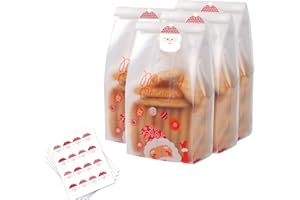 Yukiyi 50 sacchetti per biscotti natalizi traslucidi con adesivi di Babbo Natale, sacchetti di plastica per torte, caramelle, cioccolatini, cupcake, ciambelle, regalo per feste