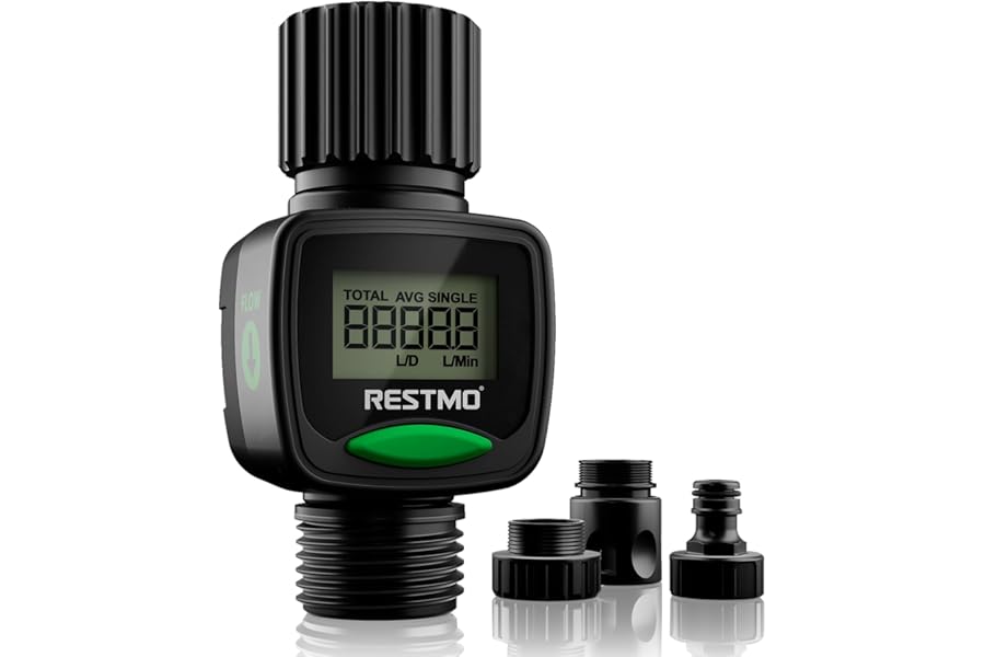 RESTMO Water Flow Meter, High Measure Accuracy, Measure Gallon/Liter Consumption and Flow Rate for Garden Hose Watering, RV Water Tank Filling, Lawn Sprinkler, Irrigation System