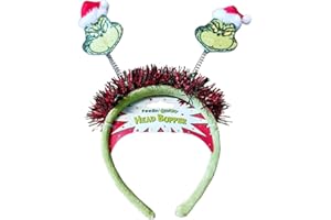 P&R:UK Grinch Head Bopper- Whimsical Antenna Party Headband - Santa Hat Topped, Glittery Hair Band Christmas with Springy Faces, Holiday Favor and Costume Accessory