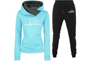 TinaDeer Damen Trainingsanzug Set 2-Teilig Heartbeat Print Hoodie Jogginghose Sweatshirt Hose Zweiteiler Jogginganzüge Damen Kapuzenpullover Sporthose Set