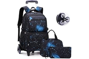 BOUACOUA Mochilas Escolares con Ruedas Niño, Estudiantes de Primaria Carros para Mochilas Bolsa de Almuerzo Estuche Escolares Equipaje de Viaje Multifuncional Juego de 3