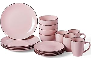 HOMD 16-Pieces Stoneware Dinnerware Set, Dinner Set, Kitchen Dinnerware Ceramic Crockery Set, Dinner Service Set for 4, Include Dinner Plate, Dessert Plate, Cereal Bowl and Mug（Pink）