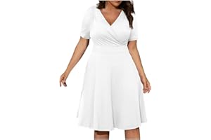 Zeiayuas Plus Size Dress for Women UK Sale Clearance V Neck Short Sleeve Midi Dress Plain Casual Summer Loose Dresses Party Beach Boho Knee Length Dress Ladies