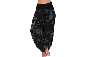 Tomwell Femme Sarouel Éte Floral Imprimer Élastiquée Taille Pantalon Large Taille Haute Rétro Sarouel Fluide Décontractée Yoga Pants
