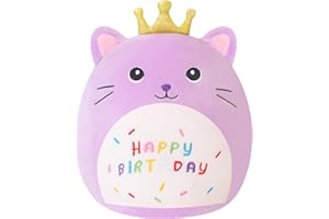 Xfrog Happy Birthday Plüschtier, 25CM Violett Kuscheltier Katze mit Goldkrone, Cartoon Plüschkissen, Geburtstag Geschenk für Kinder Jungen Mädchen
