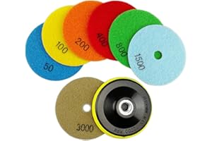 SHDIATOOL Diamante Lucidatura Pad 7 Pezzi Grana Mista e M14 Plastica Backer per Lucidare a Secco Marmo Granito Pietra Ceramica Dia 100mm/4 Pollici