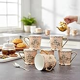 Femora Royal Pink Damask Gold Ceramic Tea and Coffee Mugs, (180 ml, Golden) - 6 Pcs Set (NOT Microwave Safe)