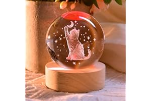 ZRENJHUS 3D Cat Crystal Ball Laser Engraved Cat Moon Star Glass Cat Decorative Ball Glass Cat Gifts for Cat Lovers with Wooden Light Base