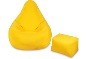 Loft 25 Bean Bag Gamer Chair | Outdoor Indoor Living Room BeanBag Seat | Water Resistant | Ergonomic Design for Body Support | Durable & Comfortable (Bean Bag + Footstool, Yellow)