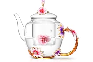 Luka Tech Handmade Enamel Butterfly Flower Glass Coffee Mugs Tea Cup with Spoon, Birthday Gifts for Her Women Mum Friends Mothers Day (Tea Pot)
