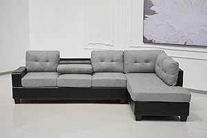 SOFAHEAVEN Western Grey/Black Fabric Corner Sofa suite With Drop Down Cup Holder And Ottoman for livingrooms -Cheap sofas & couches-3020 (Grey/Black, Right Hand Side)