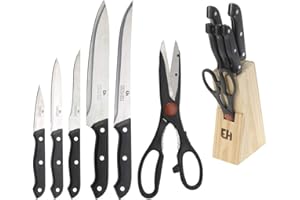 KOOPMAN INTERNATIONAL Juego de Cuchillos de Cocina y Soporte Excellent Houseware Tijeras 7 Piezas Negro Madera Acero Inoxidable Polipropileno