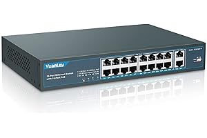 YuanLey 18 Port PoE Switch, 16 PoE+ Port 100Mbps, 2 Uplink Gigabit, Potencia Incorporada de 250W, 802.3af/at, Plug and Play no Administrado Montado en Bastidor