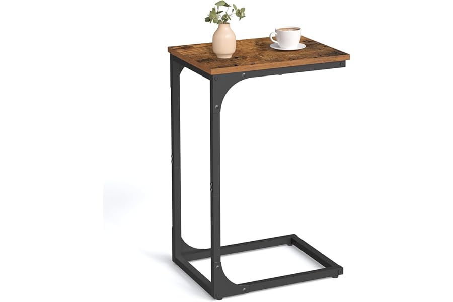 VASAGLE C-Shaped Side Table, Bedside Table, Sofa Side Table, Coffee Table, with Metal Frame, Industrial, for Living Room, Bedroom, Rustic Brown and Black LET350B01